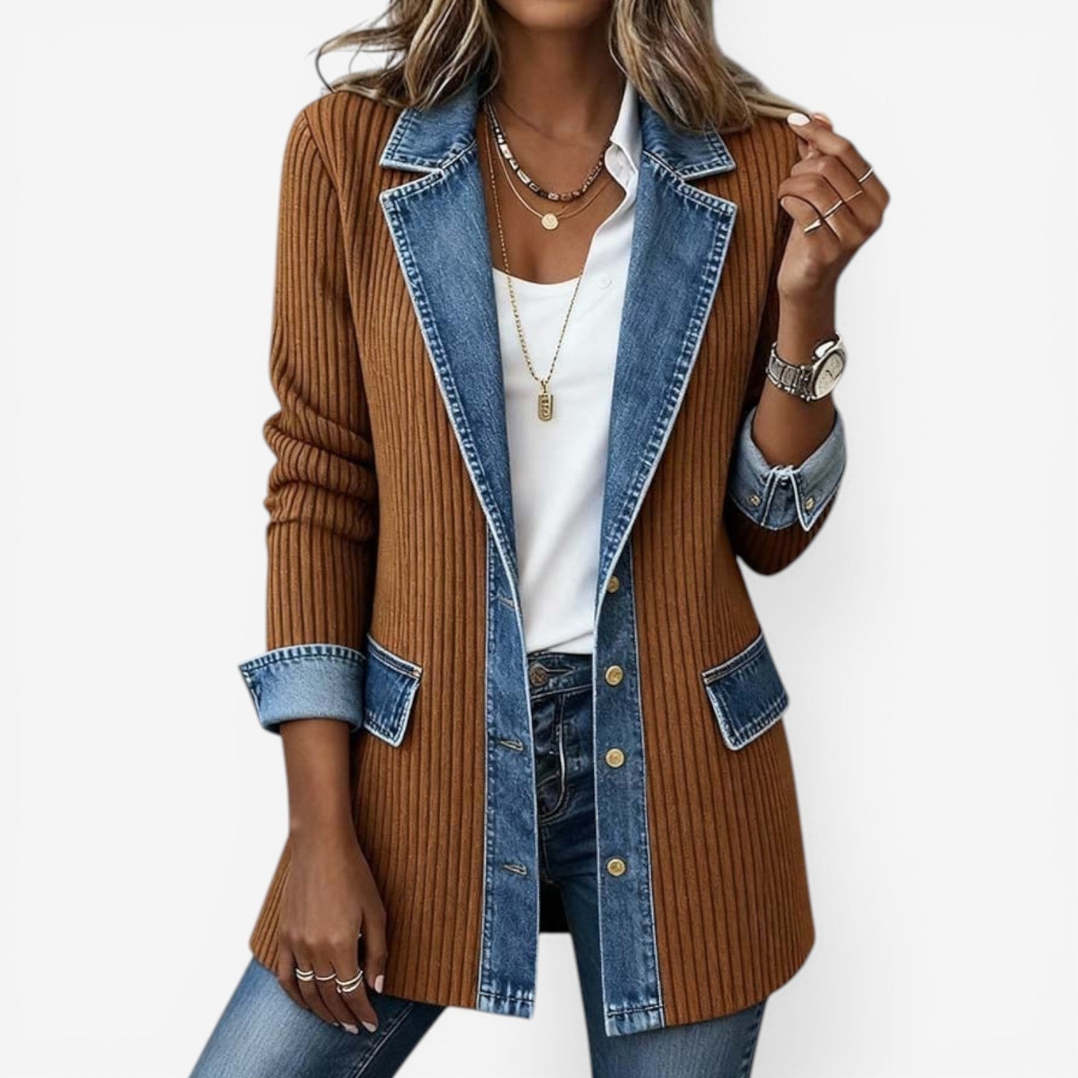 Orsolya | Denim Kötött Dzseki Női Hosszított Réteges