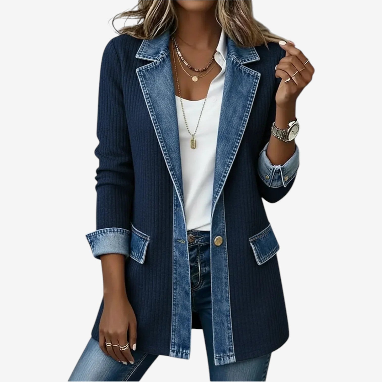Orsolya | Denim Kötött Dzseki Női Hosszított Réteges