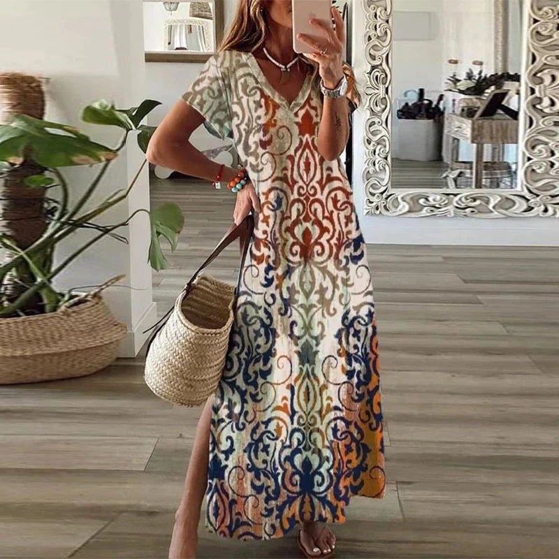 Piroska | Nyári Maxi Ruha Női Boho Mintás V-nyakú Hasítékos