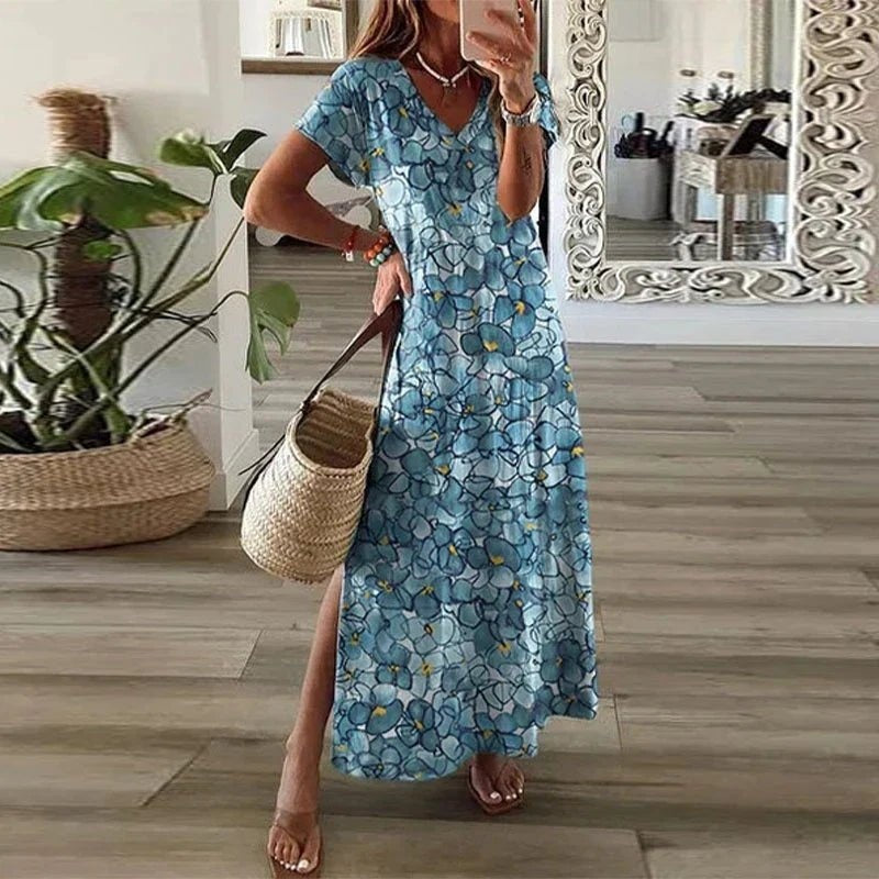 Piroska | Nyári Maxi Ruha Női Boho Mintás V-nyakú Hasítékos