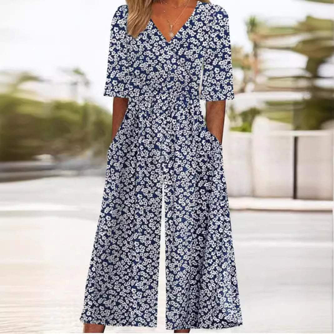 Piroska | Virágmintás Jumpsuit Női V-nyakú Széles Szárú