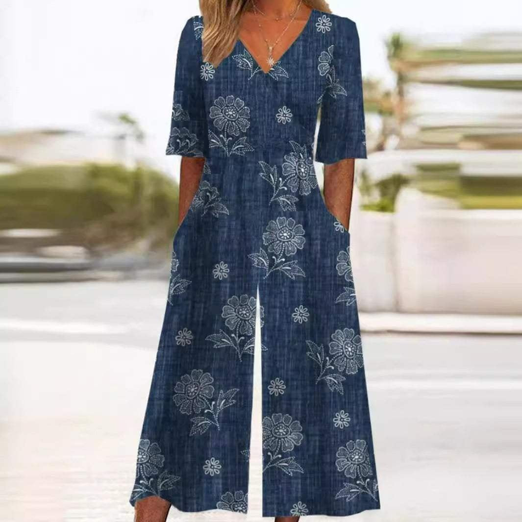 Piroska | Virágmintás Jumpsuit Női V-nyakú Széles Szárú
