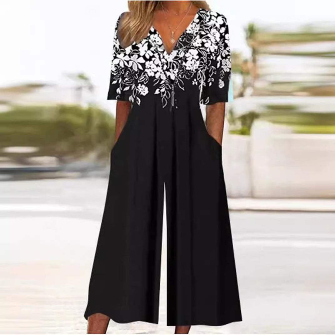 Piroska | Virágmintás Jumpsuit Női V-nyakú Széles Szárú