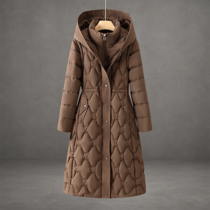 Priska | Lange Daunenjacke Damen mit Kapuze Taillenzug