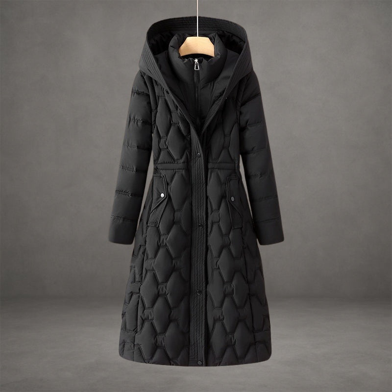 Priska | Lange Daunenjacke Damen mit Kapuze Taillenzug