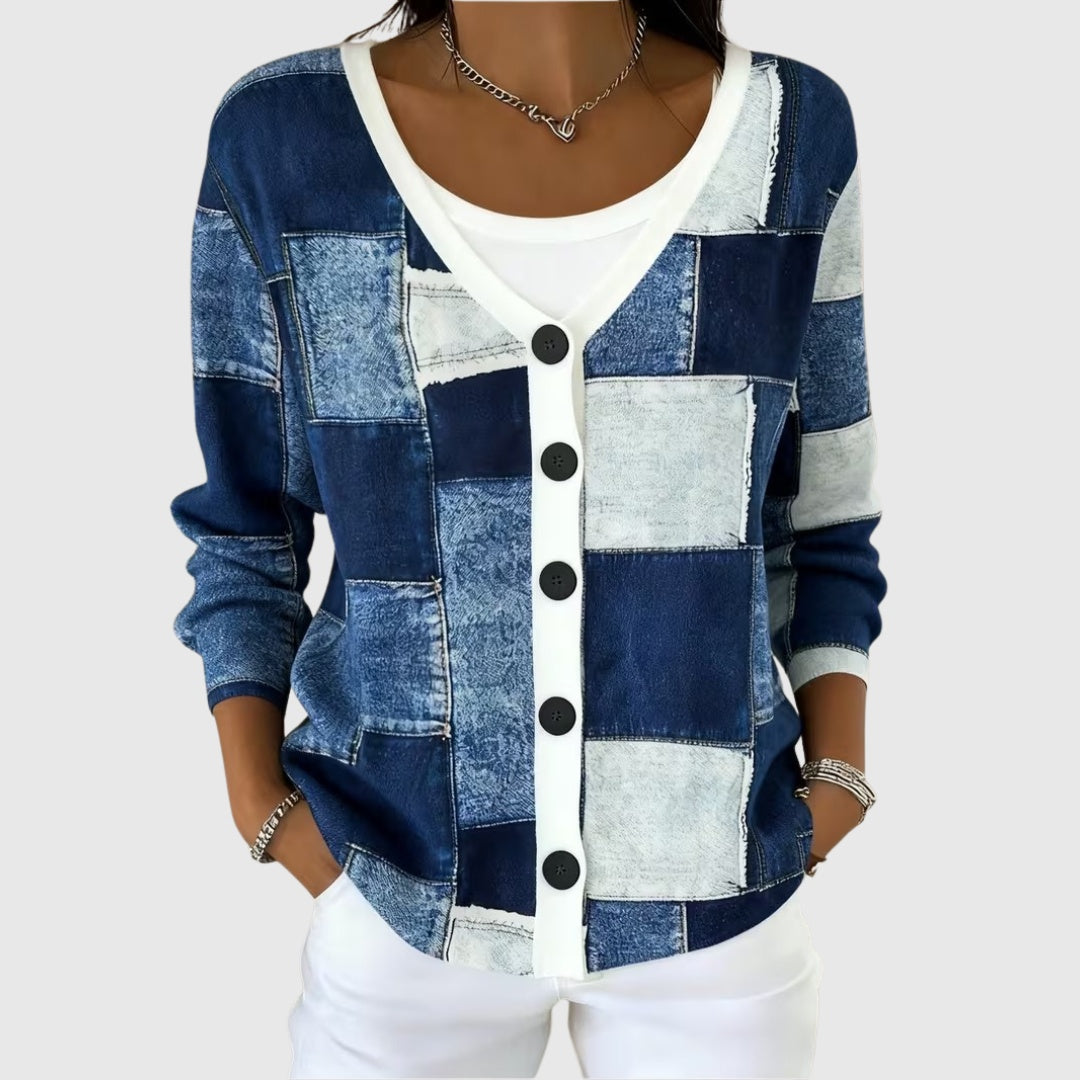 Ronja | Strickjacke Damen mit Knöpfen V-Ausschnitt Colorblock