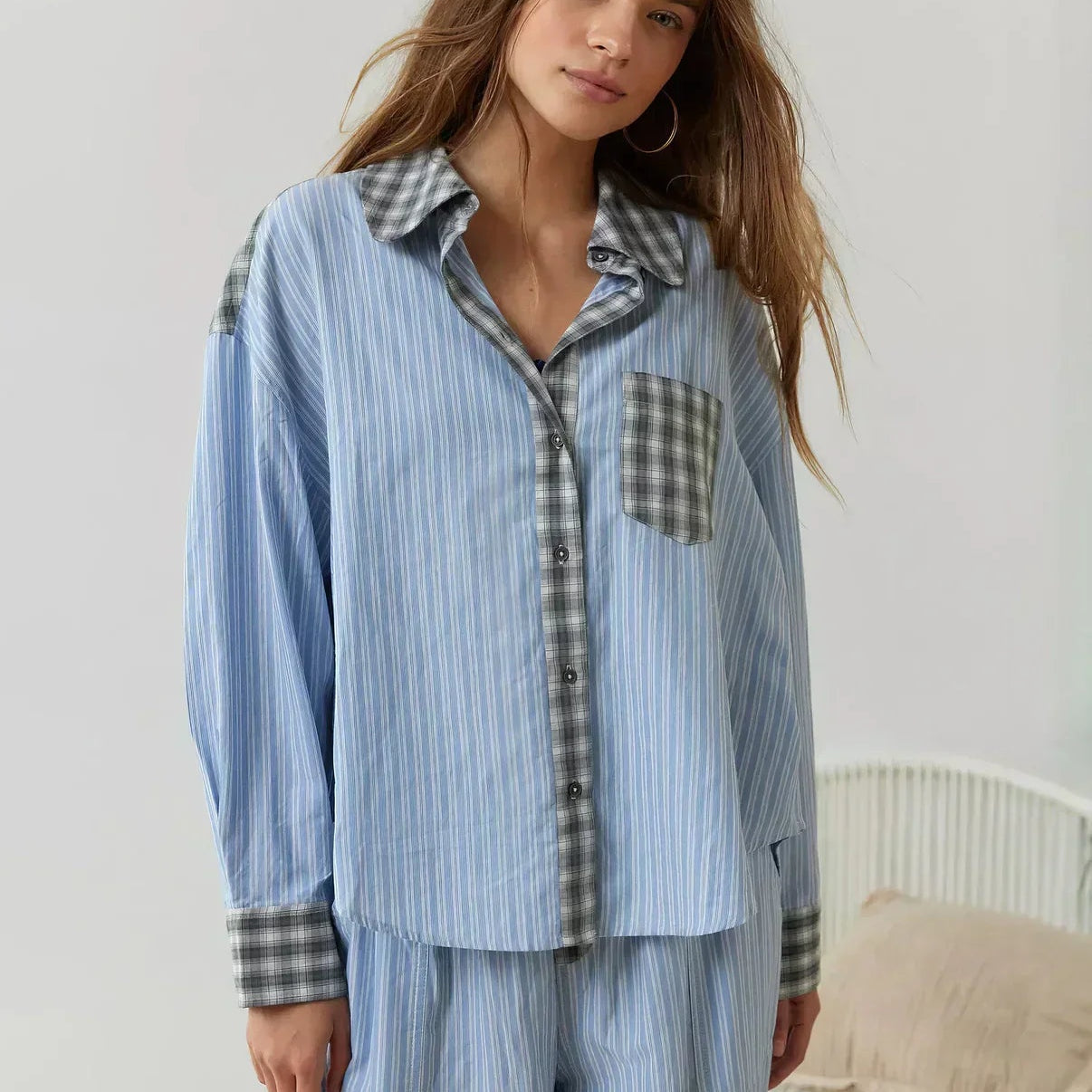 Salome | Pyjama Set Damen Kariert Gestreift Oversize