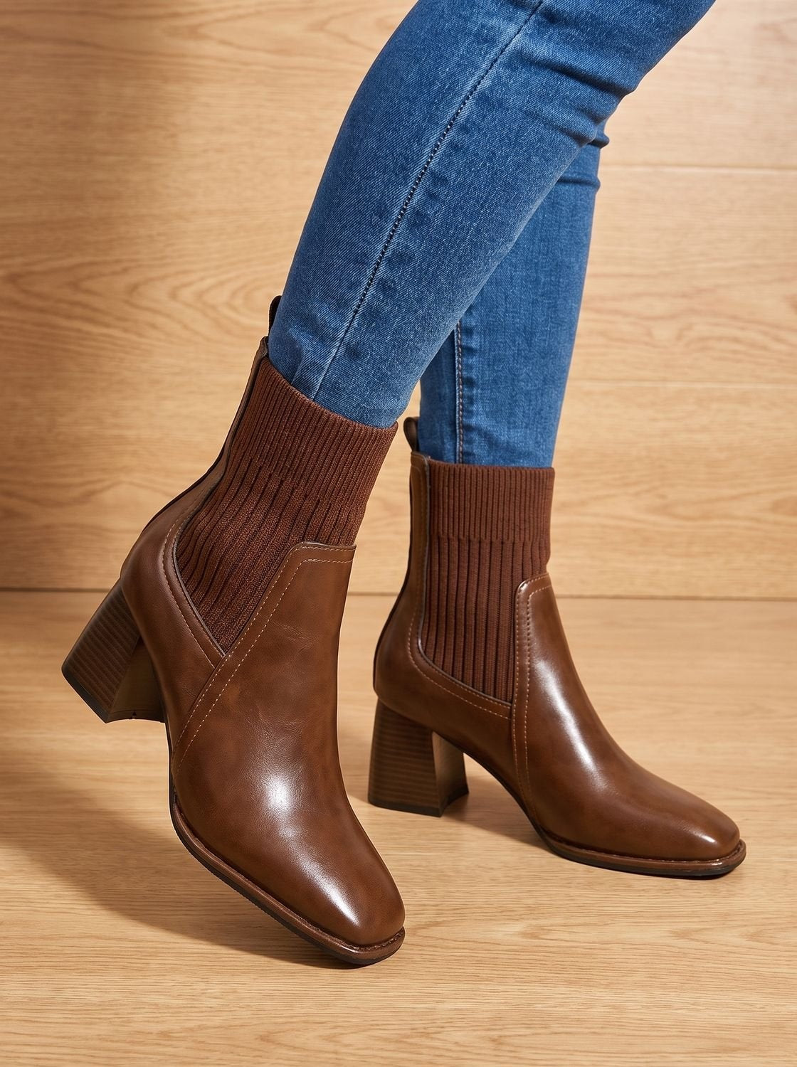 Salome | Stiefeletten Damen Blockabsatz Strickschaft Slip-on