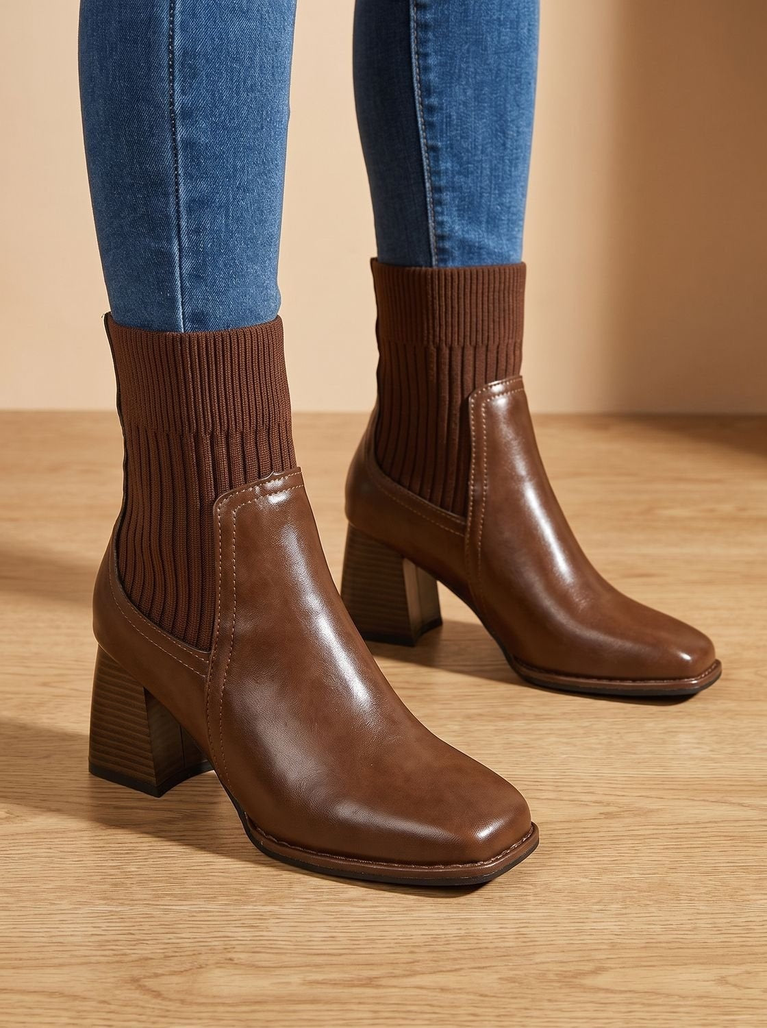 Salome | Stiefeletten Damen Blockabsatz Strickschaft Slip-on