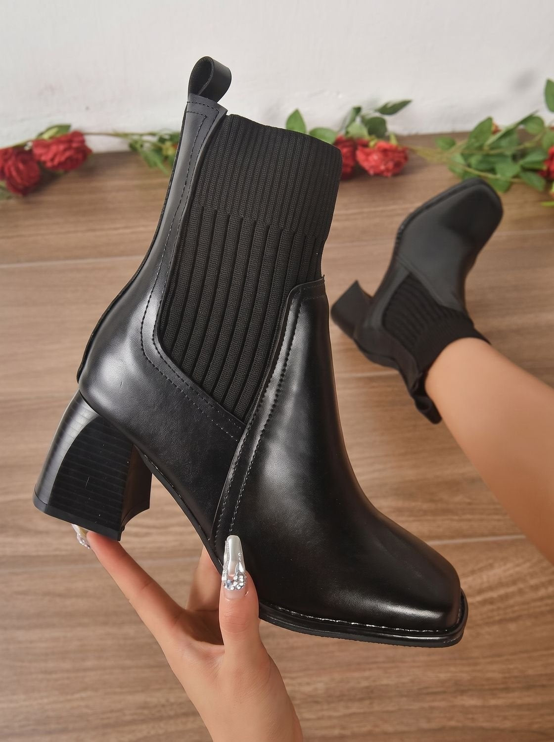 Salome | Stiefeletten Damen Blockabsatz Strickschaft Slip-on