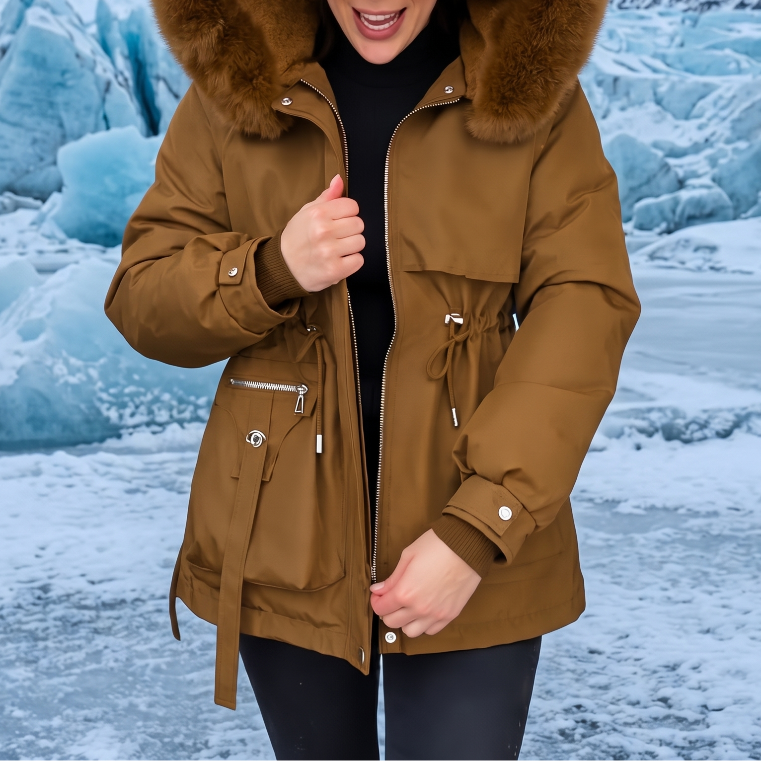 Sophia | Parka Damen mit Kunstfell Kapuze Tailliert
