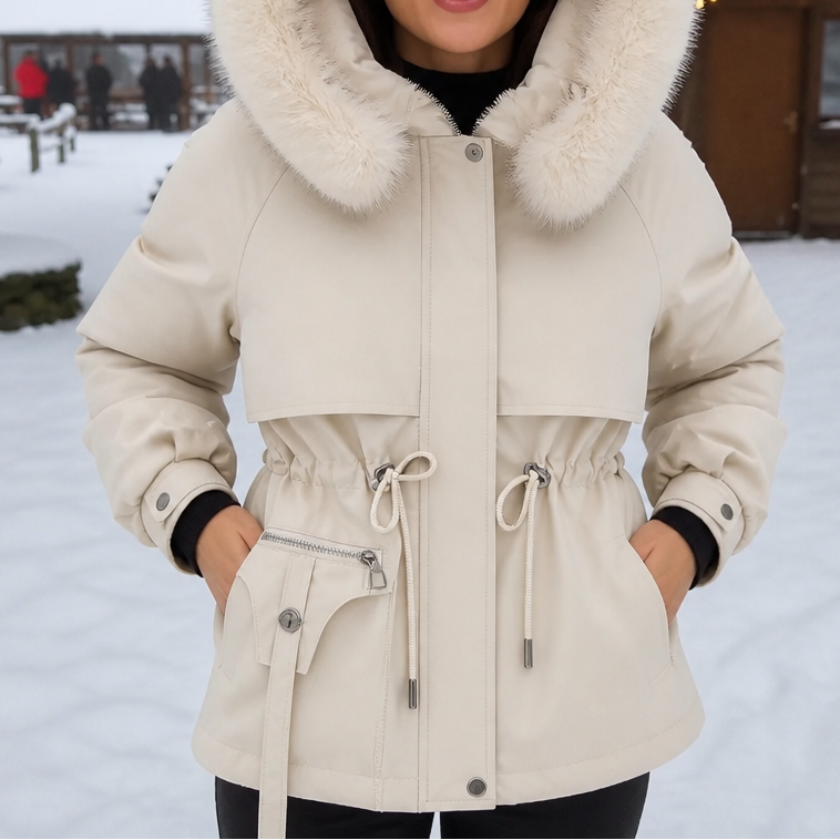 Sophia | Parka Damen mit Kunstfell Kapuze Tailliert