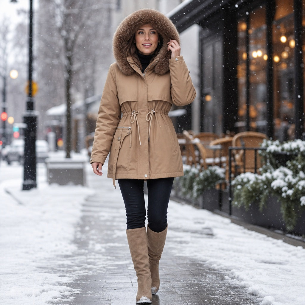 Sophia | Parka Damen mit Kunstfell Kapuze Tailliert