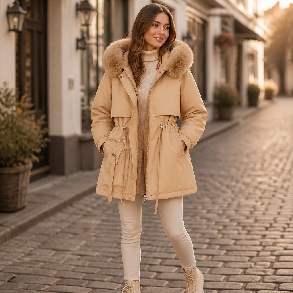 Sophia | Parka Damen mit Kunstfell Kapuze Tailliert