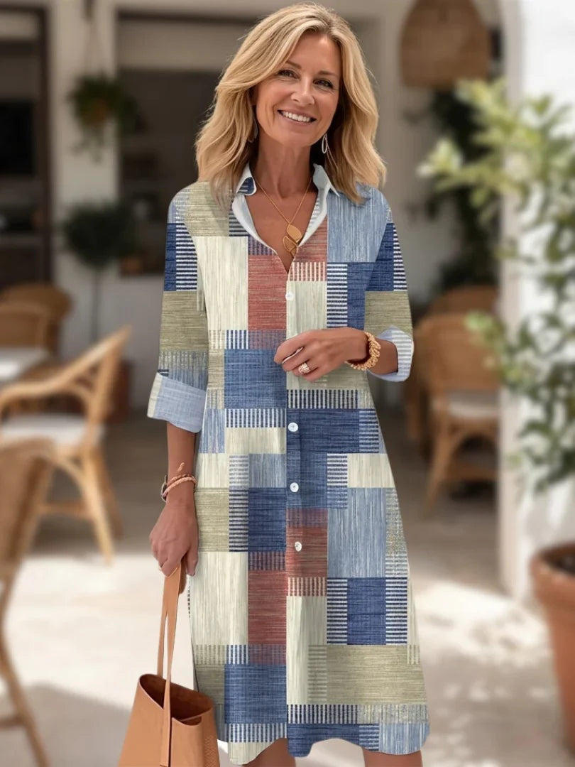 Szilvia | Alkalmi Midi Ruha Női Gombos Patchwork Mintás