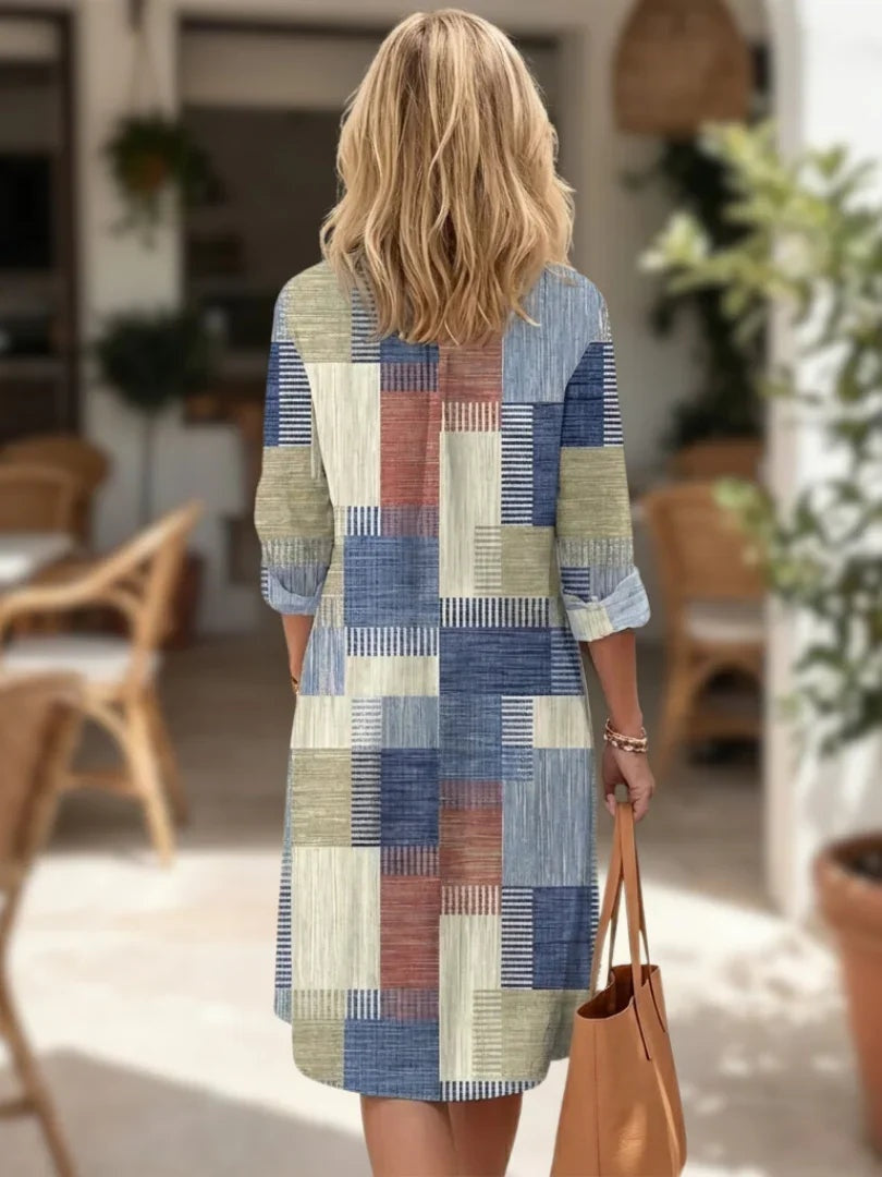 Szilvia | Alkalmi Midi Ruha Női Gombos Patchwork Mintás