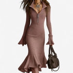 Theresa | Strickkleid Damen Midi Reissverschluss Ausgestellter Saum