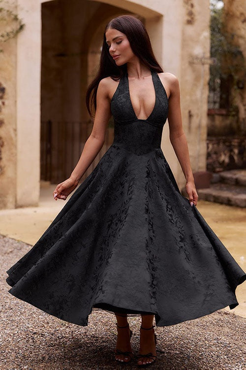 Tímea | Alkalmi Midi Ruha Női Jacquard Halter Nyakú