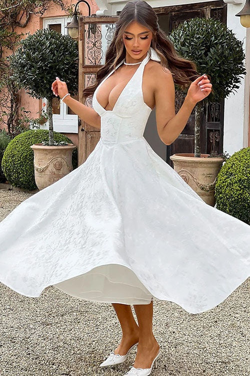 Tímea | Alkalmi Midi Ruha Női Jacquard Halter Nyakú