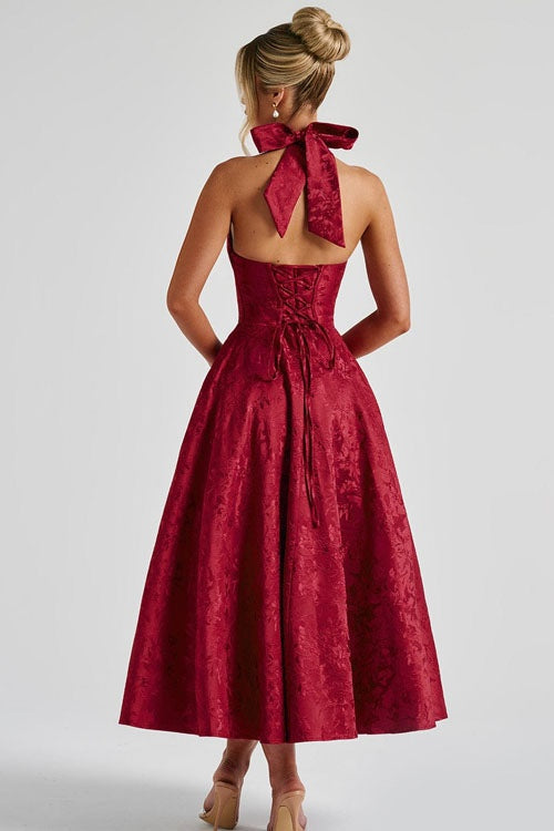 Tímea | Alkalmi Midi Ruha Női Jacquard Halter Nyakú