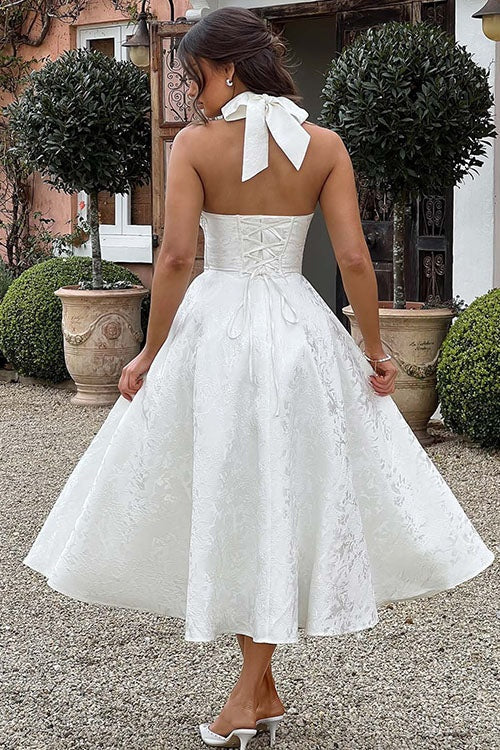 Tímea | Alkalmi Midi Ruha Női Jacquard Halter Nyakú