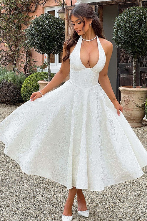 Tímea | Alkalmi Midi Ruha Női Jacquard Halter Nyakú