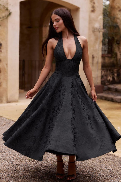 Tímea | Alkalmi Midi Ruha Női Jacquard Halter Nyakú