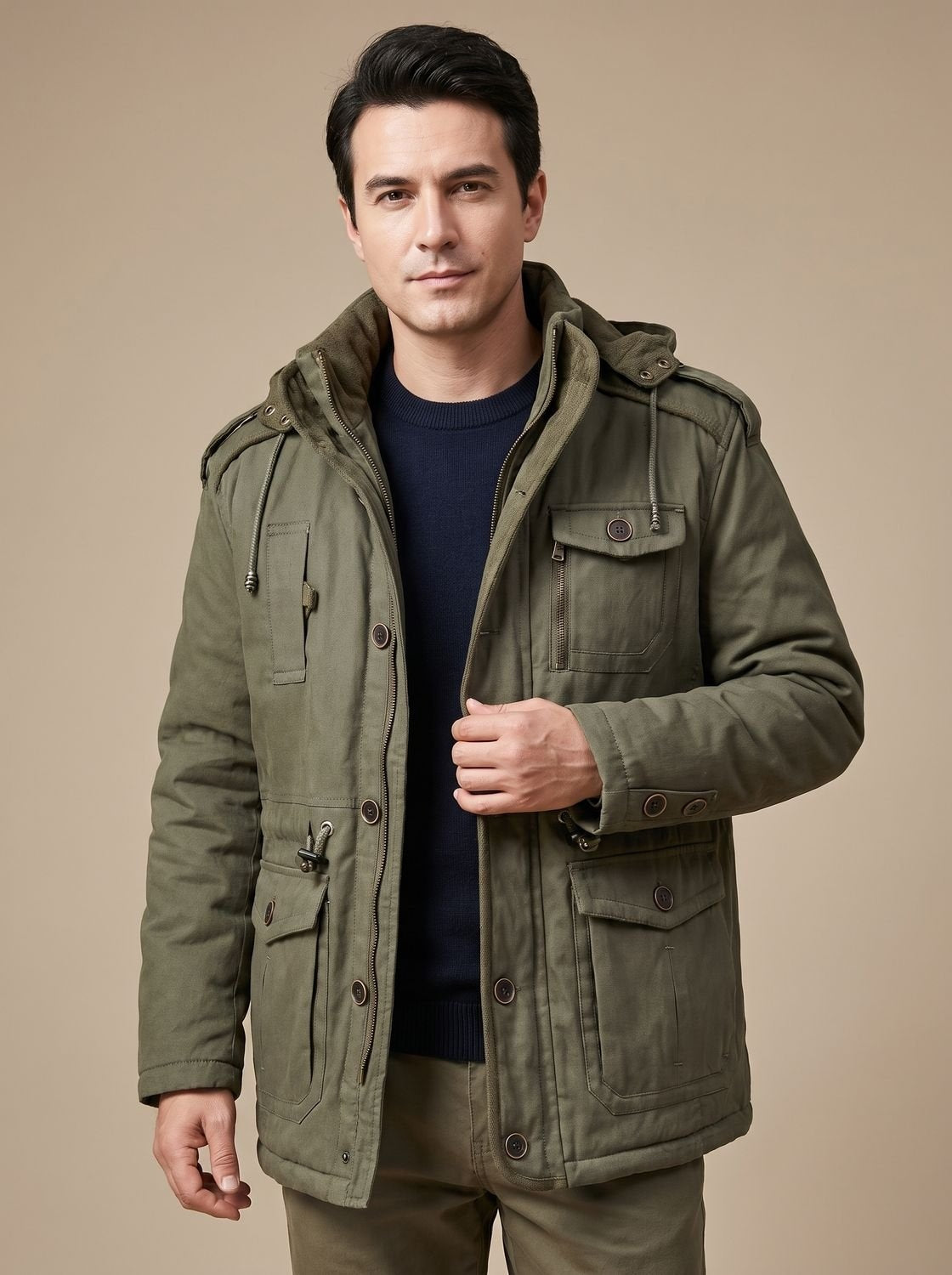 Tobias | Parka Herren mit Kapuze Gefüttert Anorak Outdoor Taschen