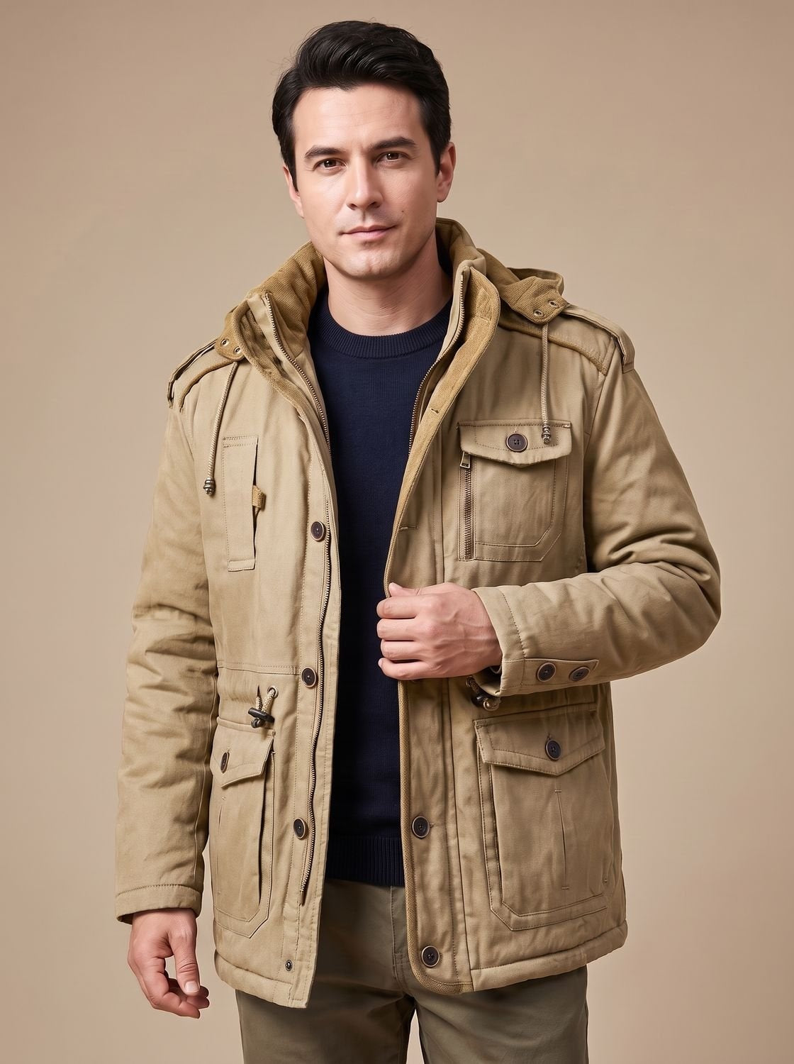 Tobias | Parka Herren mit Kapuze Gefüttert Anorak Outdoor Taschen