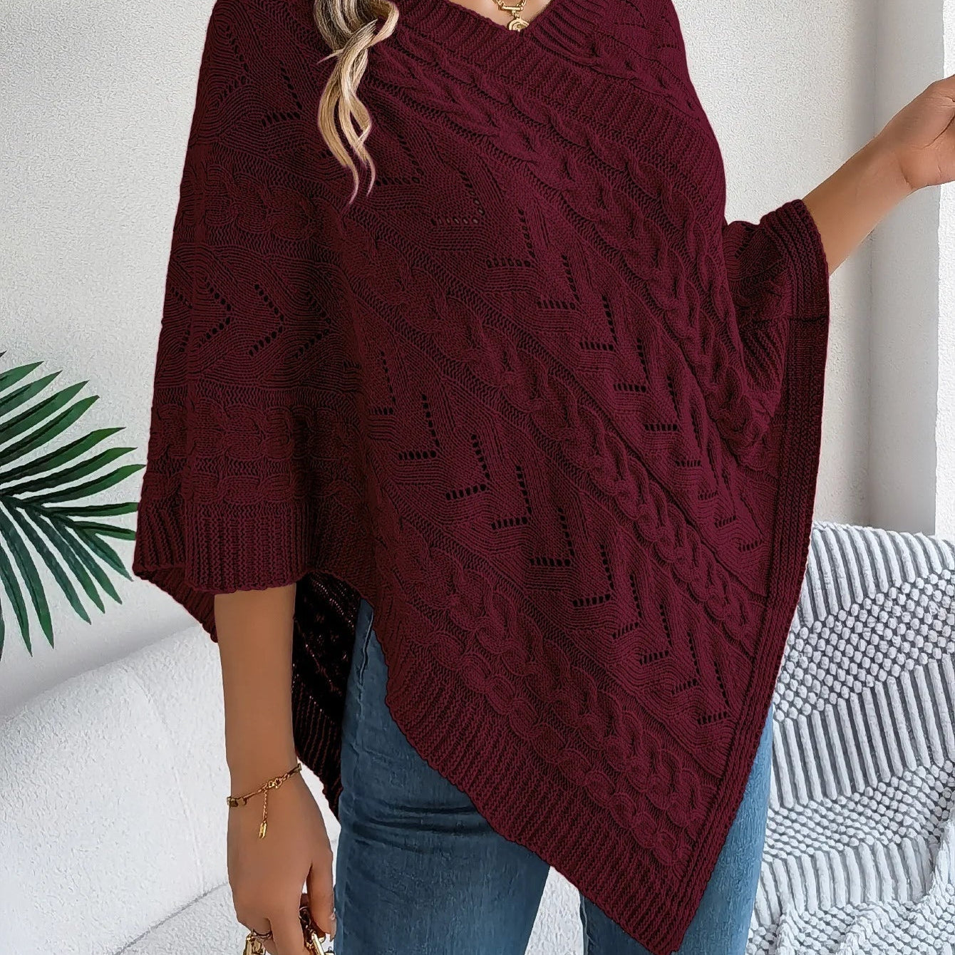 Ursina | Poncho Strick Damen Zopfmuster Asymmetrisch