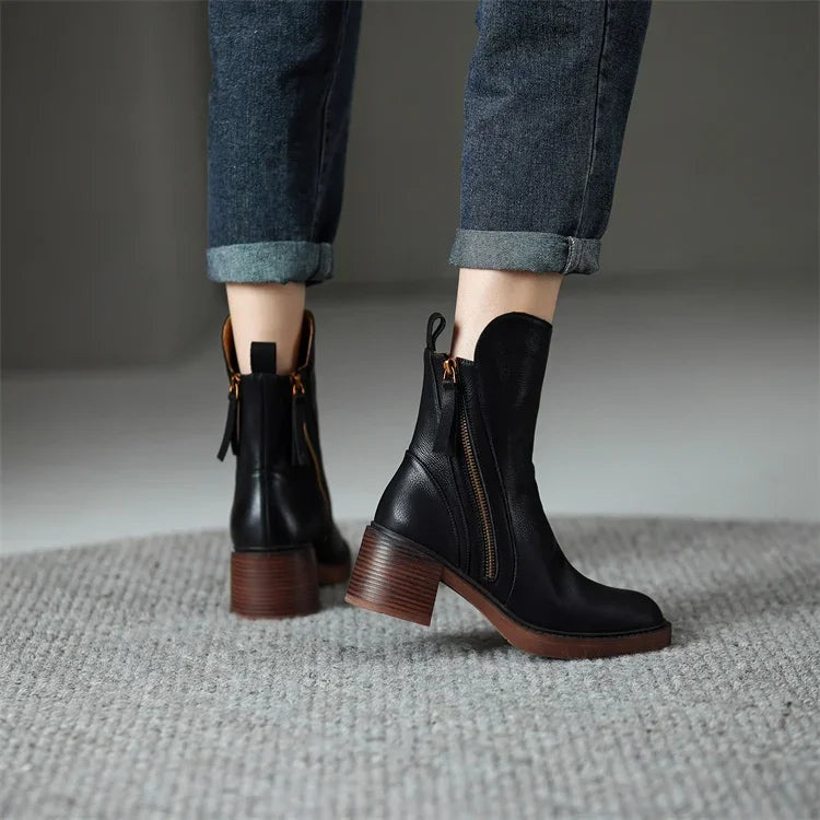Valerie | Chelsea Boots Damen Leder Blockabsatz Reissverschluss