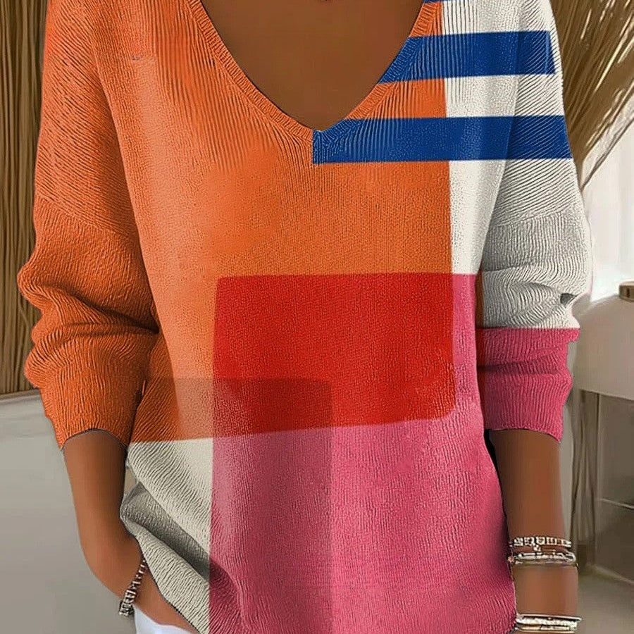 Valerie | Pullover Damen V-Ausschnitt Geometrisches Muster Langarm