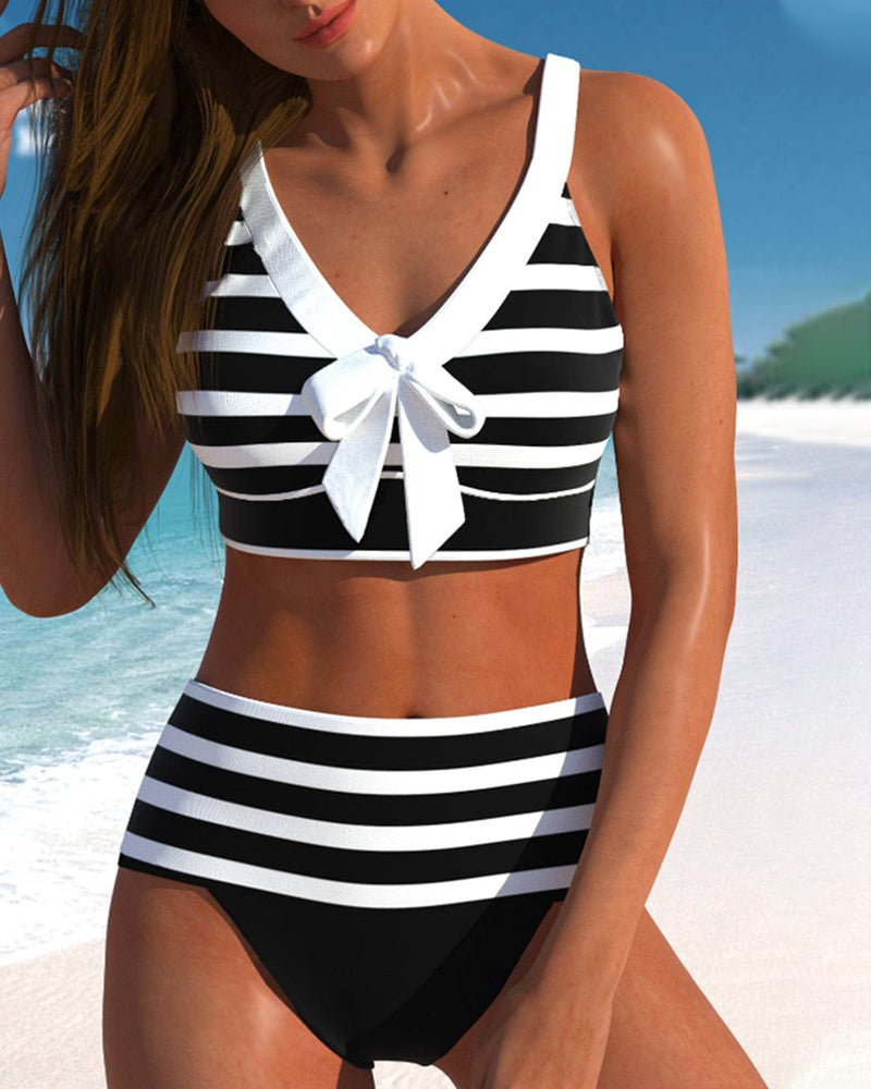 Viktória | Bikini Szett Női Csíkos Masnis V-nyakú