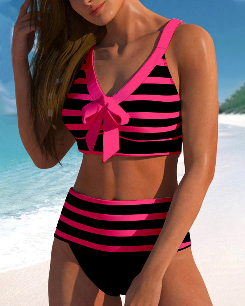Viktória | Bikini Szett Női Csíkos Masnis V-nyakú