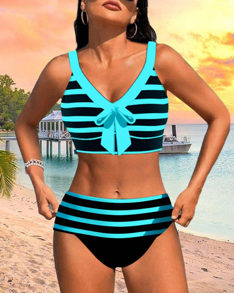 Viktória | Bikini Szett Női Csíkos Masnis V-nyakú