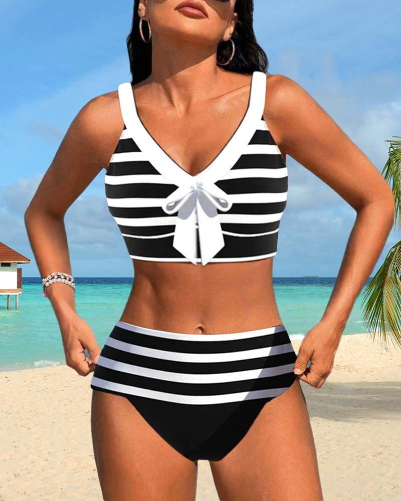 Viktória | Bikini Szett Női Csíkos Masnis V-nyakú
