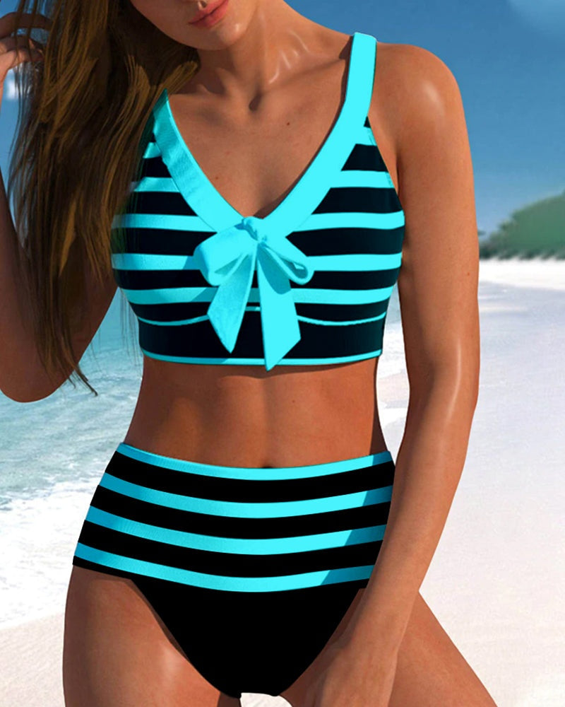 Viktória | Bikini Szett Női Csíkos Masnis V-nyakú