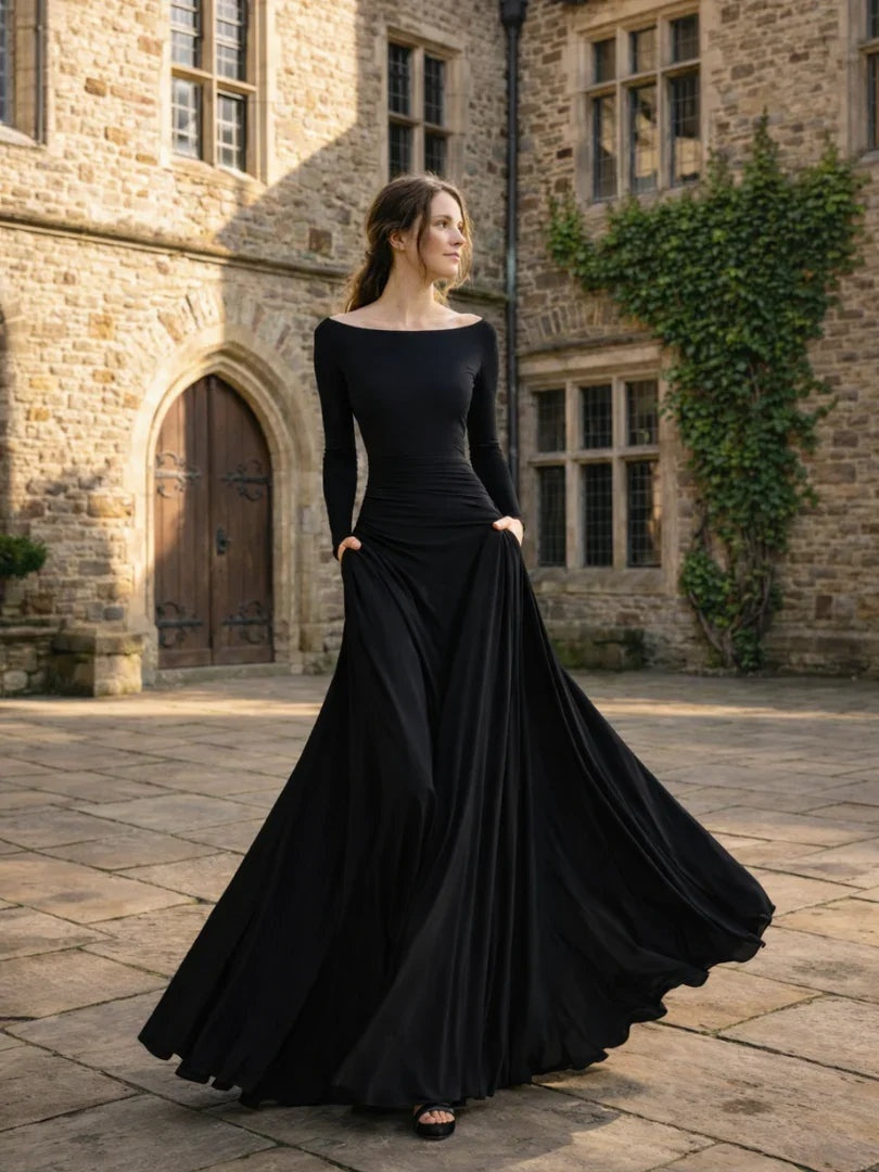 Viktoria | Maxikleid Standesamt Damen Lange Ärmel Bootsausschnitt