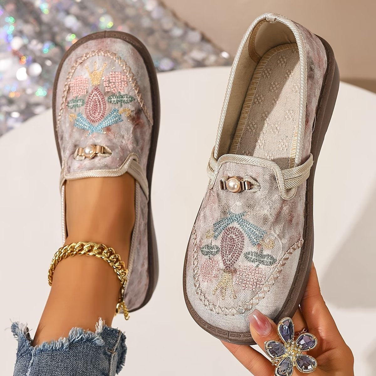 Virág | Mokaszin Női Hímzett Virágos Slip-On