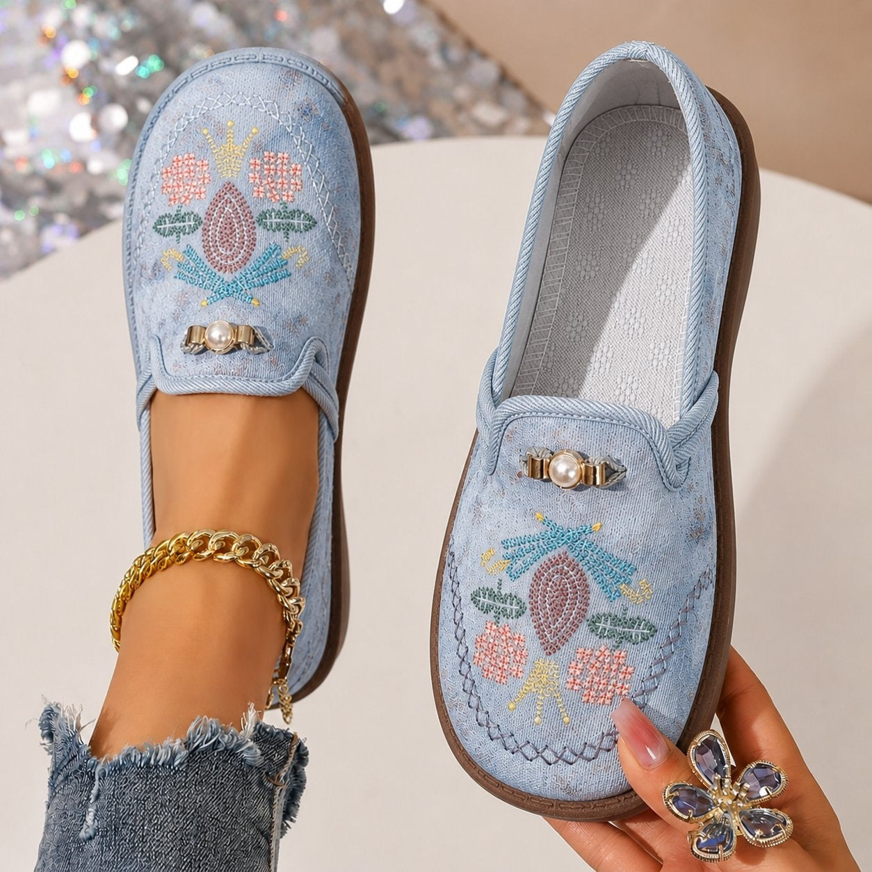 Virág | Mokaszin Női Hímzett Virágos Slip-On