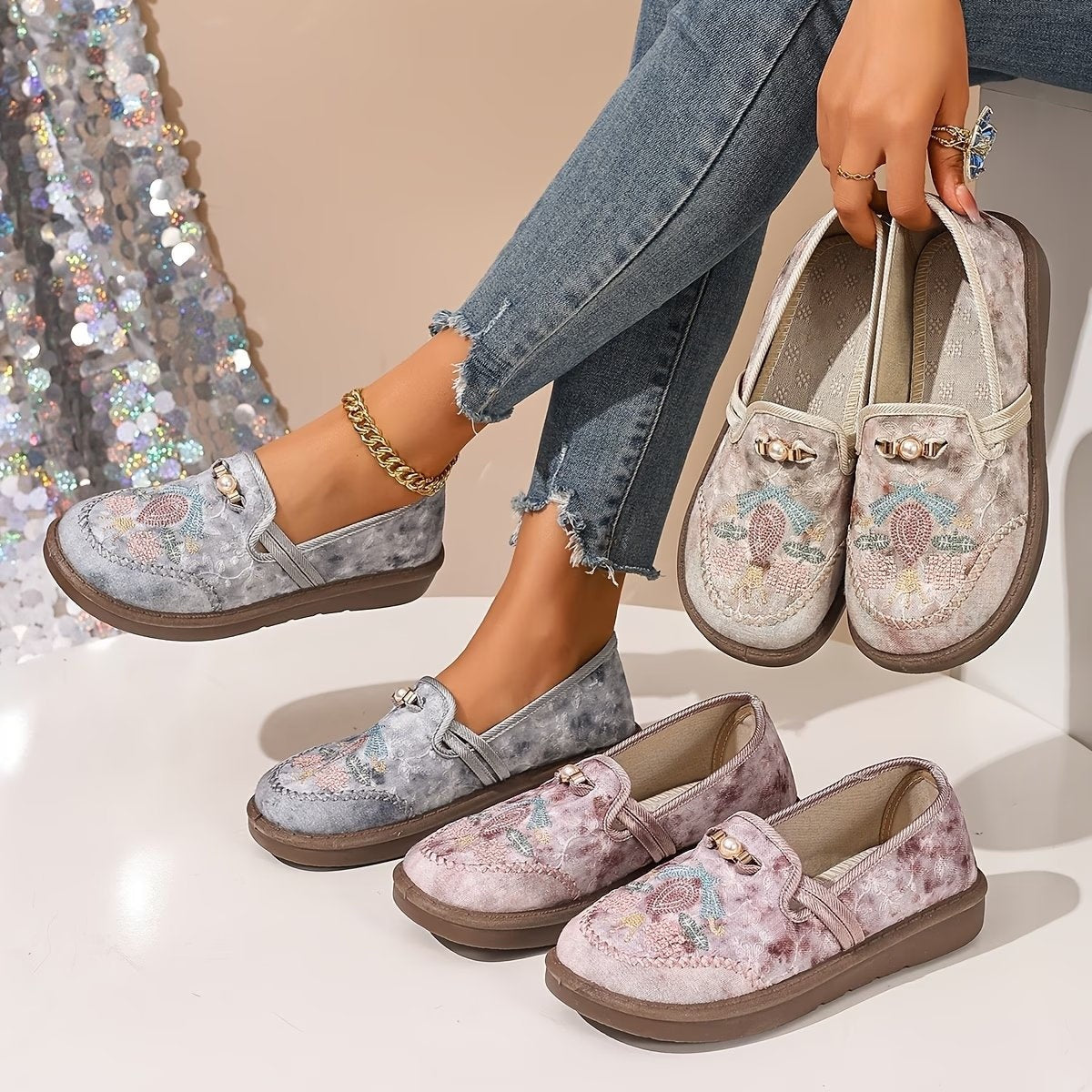 Virág | Mokaszin Női Hímzett Virágos Slip-On