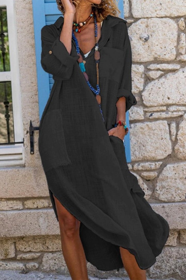 Virág | Vászon Maxi Ruha Női Hosszú Ujjú Oversized V-nyakú