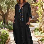 Virág | Vászon Maxi Ruha Női Hosszú Ujjú Oversized V-nyakú