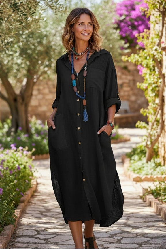 Virág | Vászon Maxi Ruha Női Hosszú Ujjú Oversized V-nyakú