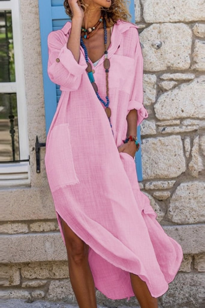 Virág | Vászon Maxi Ruha Női Hosszú Ujjú Oversized V-nyakú