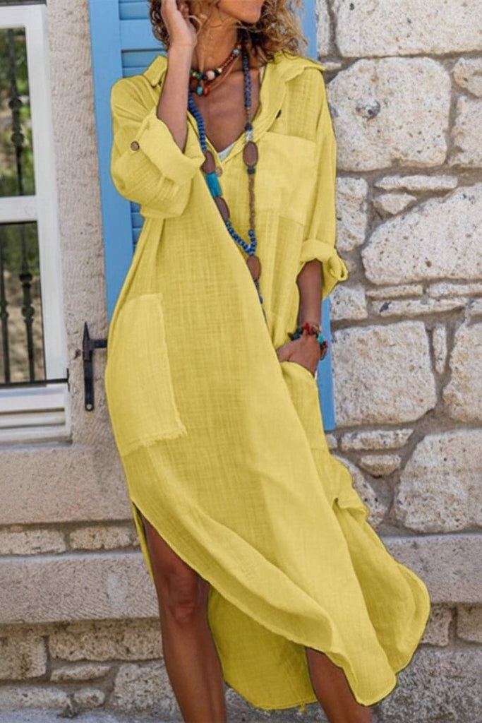 Virág | Vászon Maxi Ruha Női Hosszú Ujjú Oversized V-nyakú