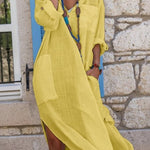 Virág | Vászon Maxi Ruha Női Hosszú Ujjú Oversized V-nyakú
