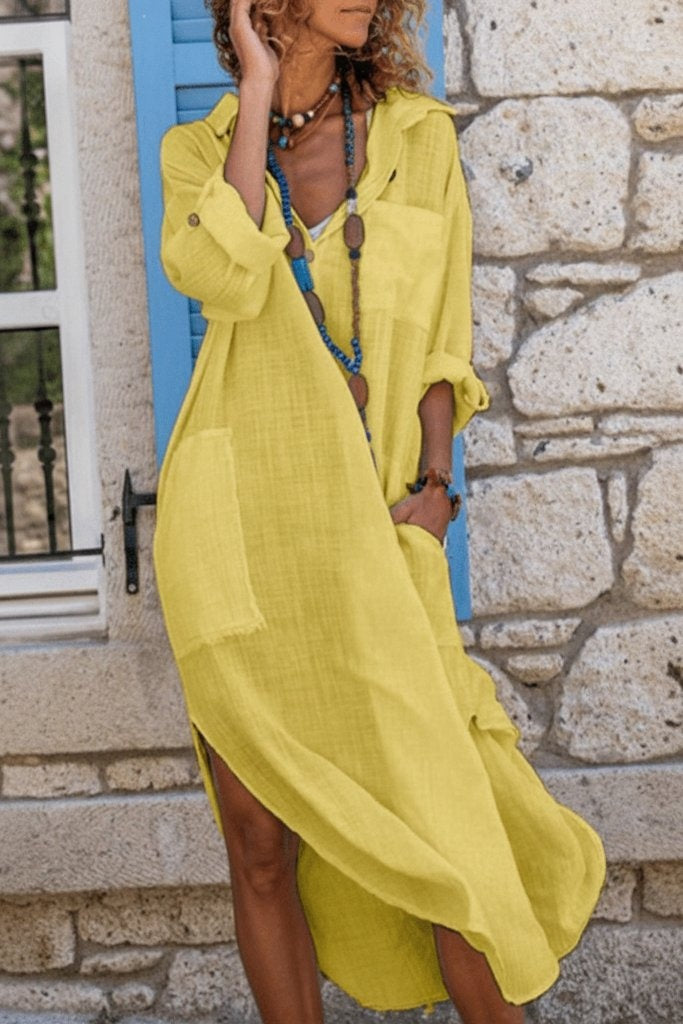 Virág | Vászon Maxi Ruha Női Hosszú Ujjú Oversized V-nyakú