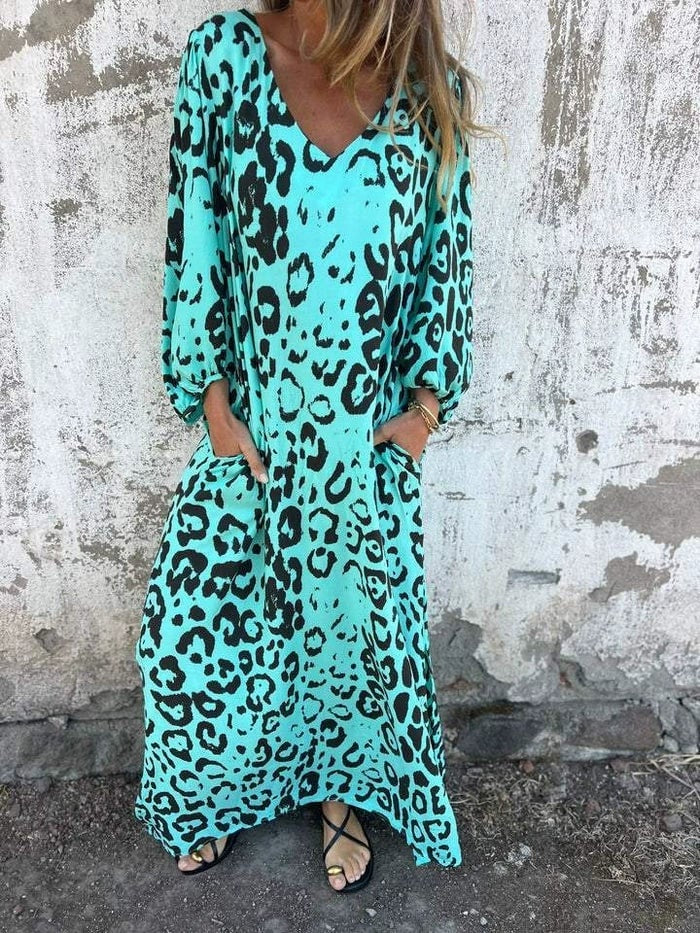 Vivien | Alkalmi Maxi Ruha Női Hosszú Ujjú Leopárdmintás V-nyakú